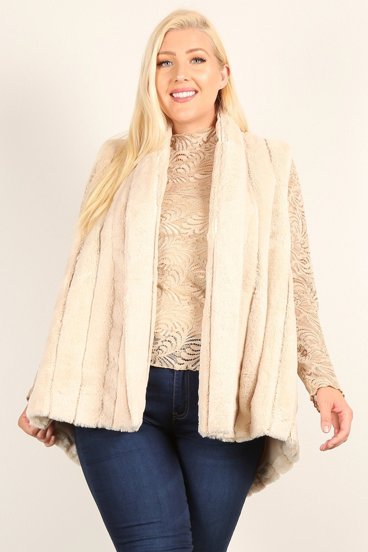 Plus Size Faux Fur Vest Jacket With Open Front, Hi-lo Hem, And Pockets product image