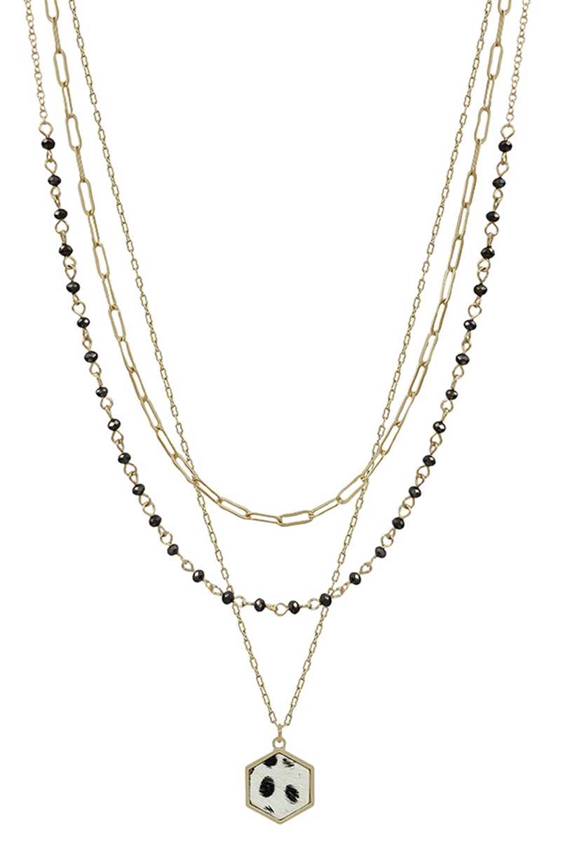 3 Layered Metal Crystal Bead Chain Hexagon Leopard Pendant Necklace product image