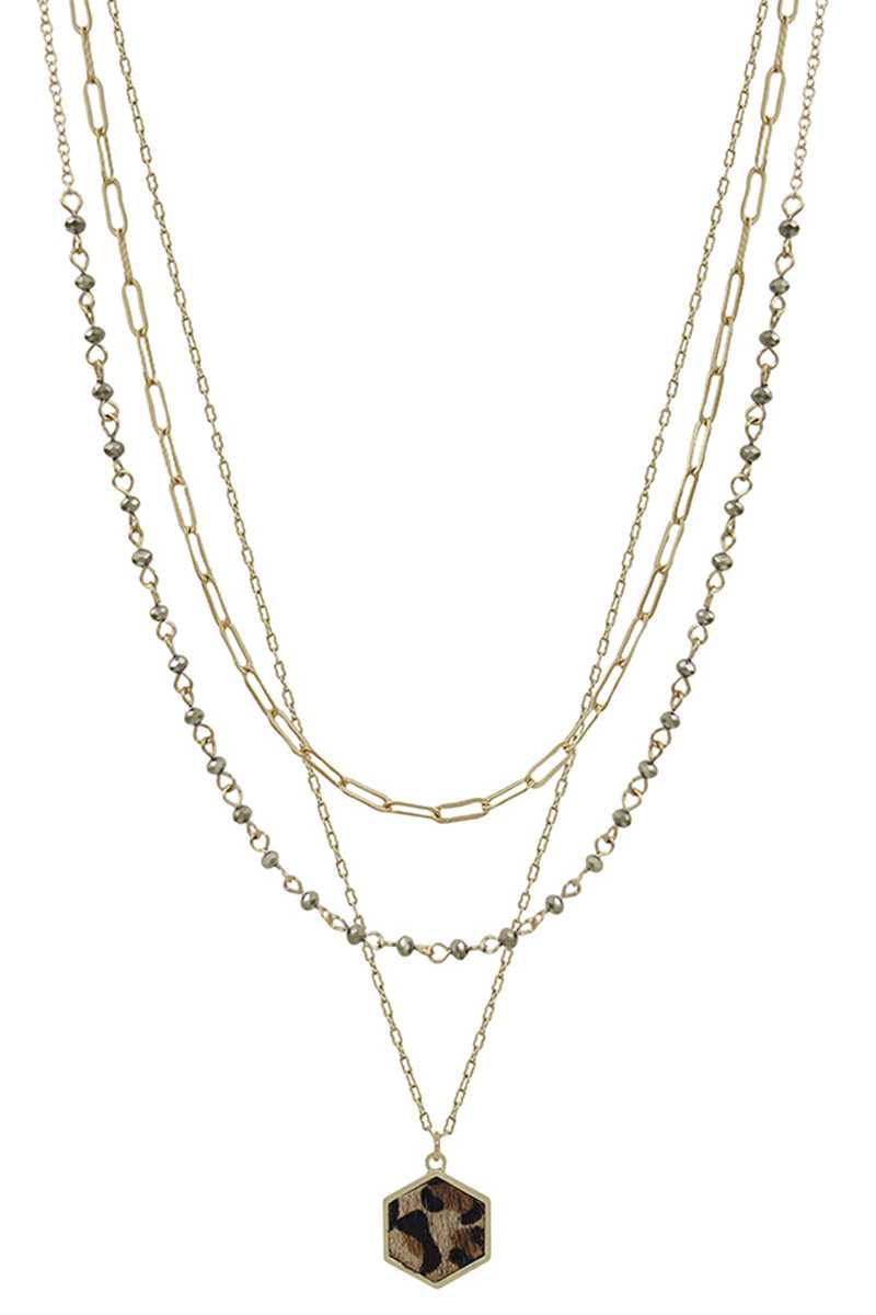 3 Layered Metal Crystal Bead Chain Hexagon Leopard Pendant Necklace product image