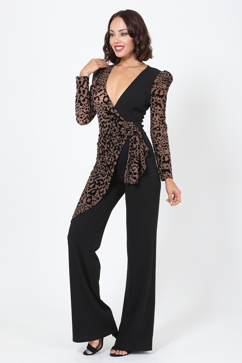 Plunging V Buckle Detail Leopard Jumpsuit product image