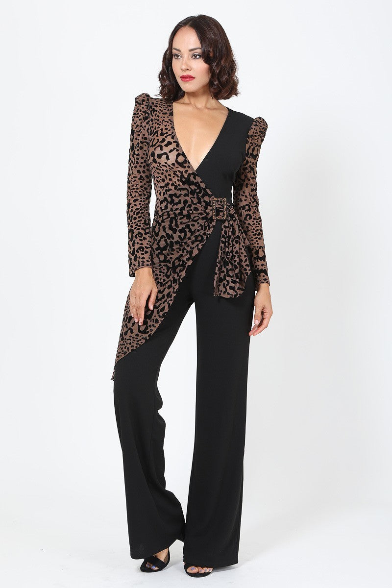 Plunging V Buckle Detail Leopard Jumpsuit product image