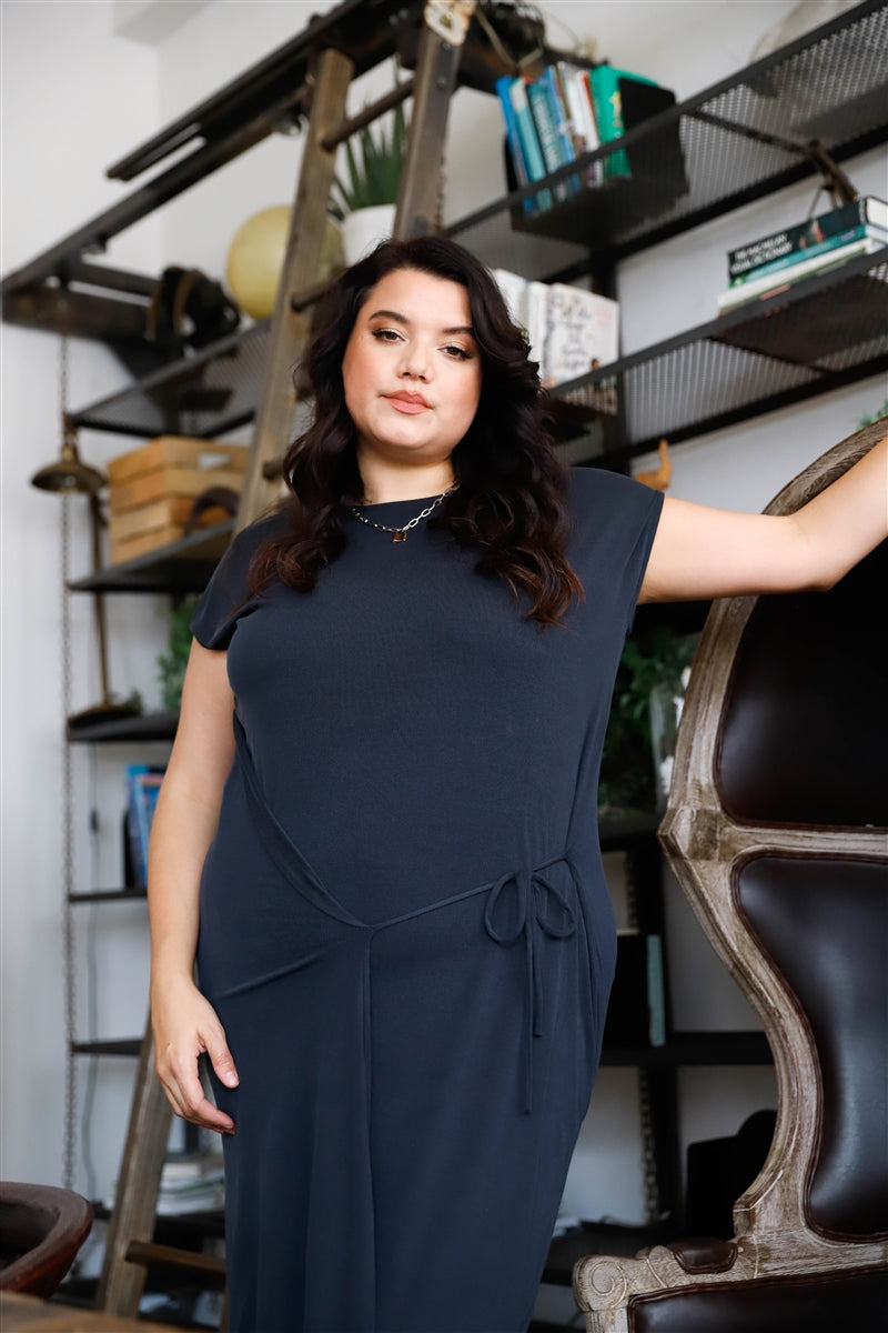 Plus Black Ribbed Front Wrap Lace Tie Detail Midi Dress product image