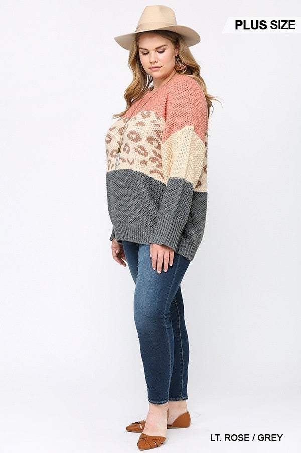 Color Block And Leopard Pattern Mixed Pullover Sweater product image