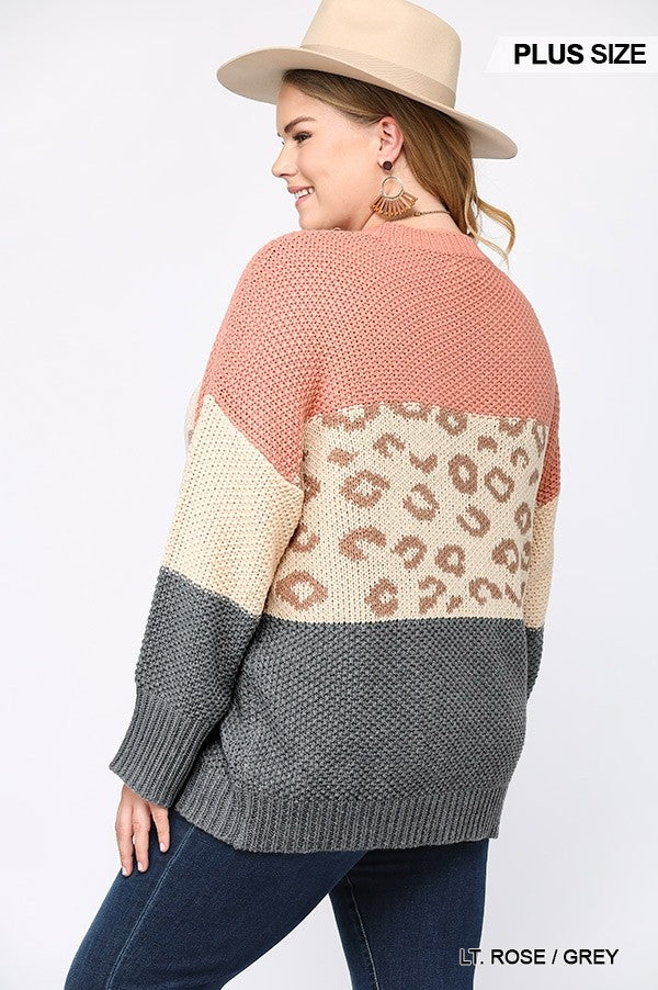 Color Block And Leopard Pattern Mixed Pullover Sweater product image