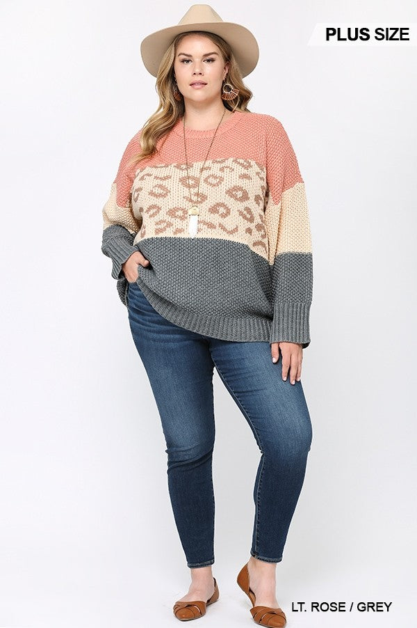 Color Block And Leopard Pattern Mixed Pullover Sweater product image