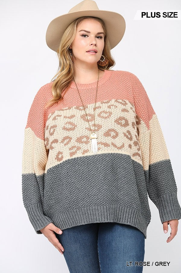 Color Block And Leopard Pattern Mixed Pullover Sweater product image