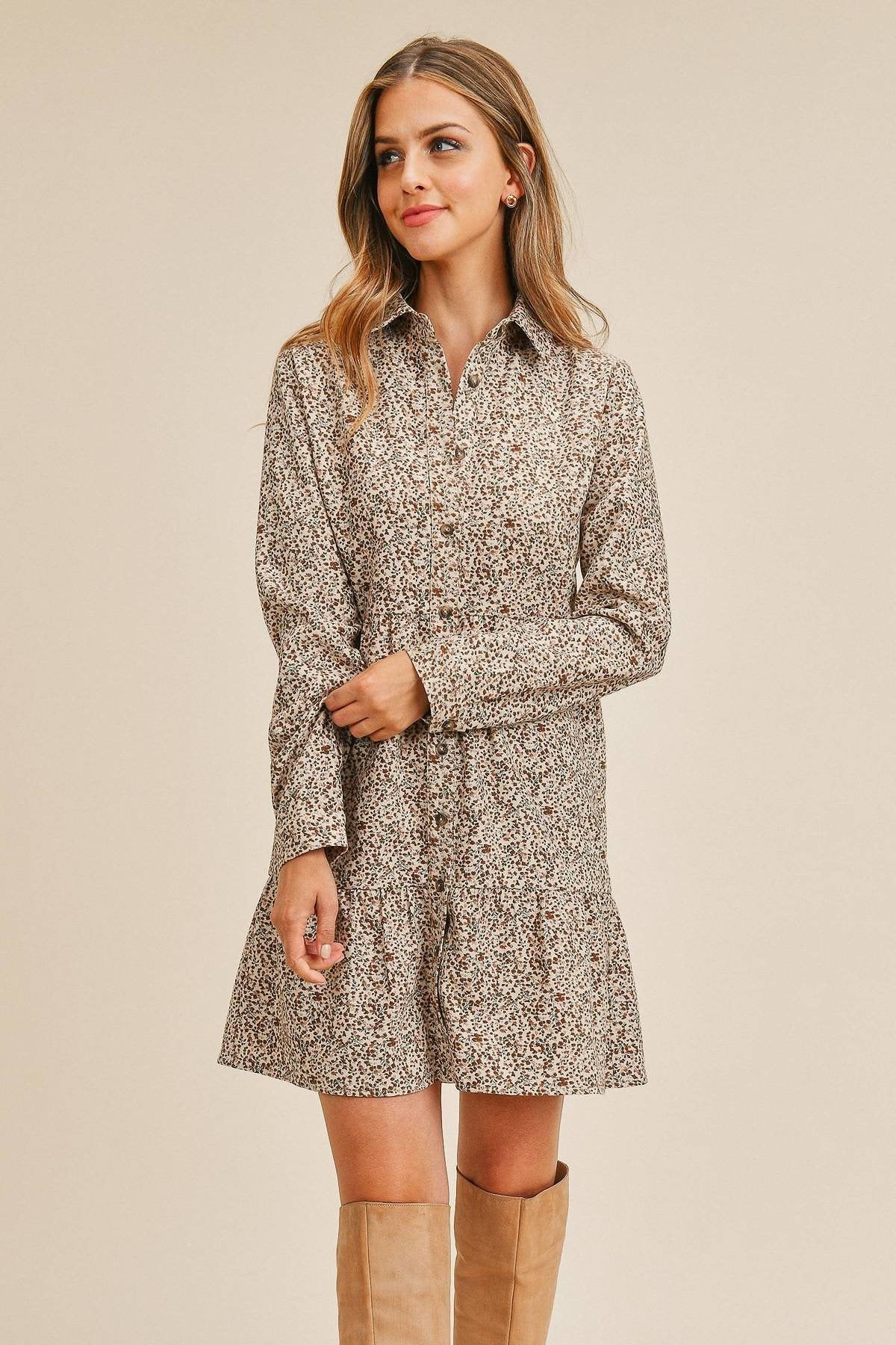 Corduroy Printed Button Down Front Collar Long Sleeve Dress Corduroy Printed Button Down Front Collar Long Sleeve Dress - TopFashionHQ