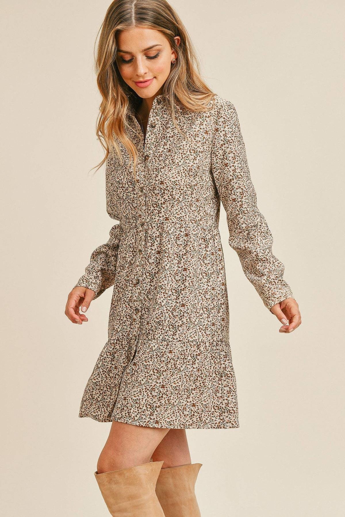 Corduroy Printed Button Down Front Collar Long Sleeve Dress Corduroy Printed Button Down Front Collar Long Sleeve Dress - TopFashionHQ