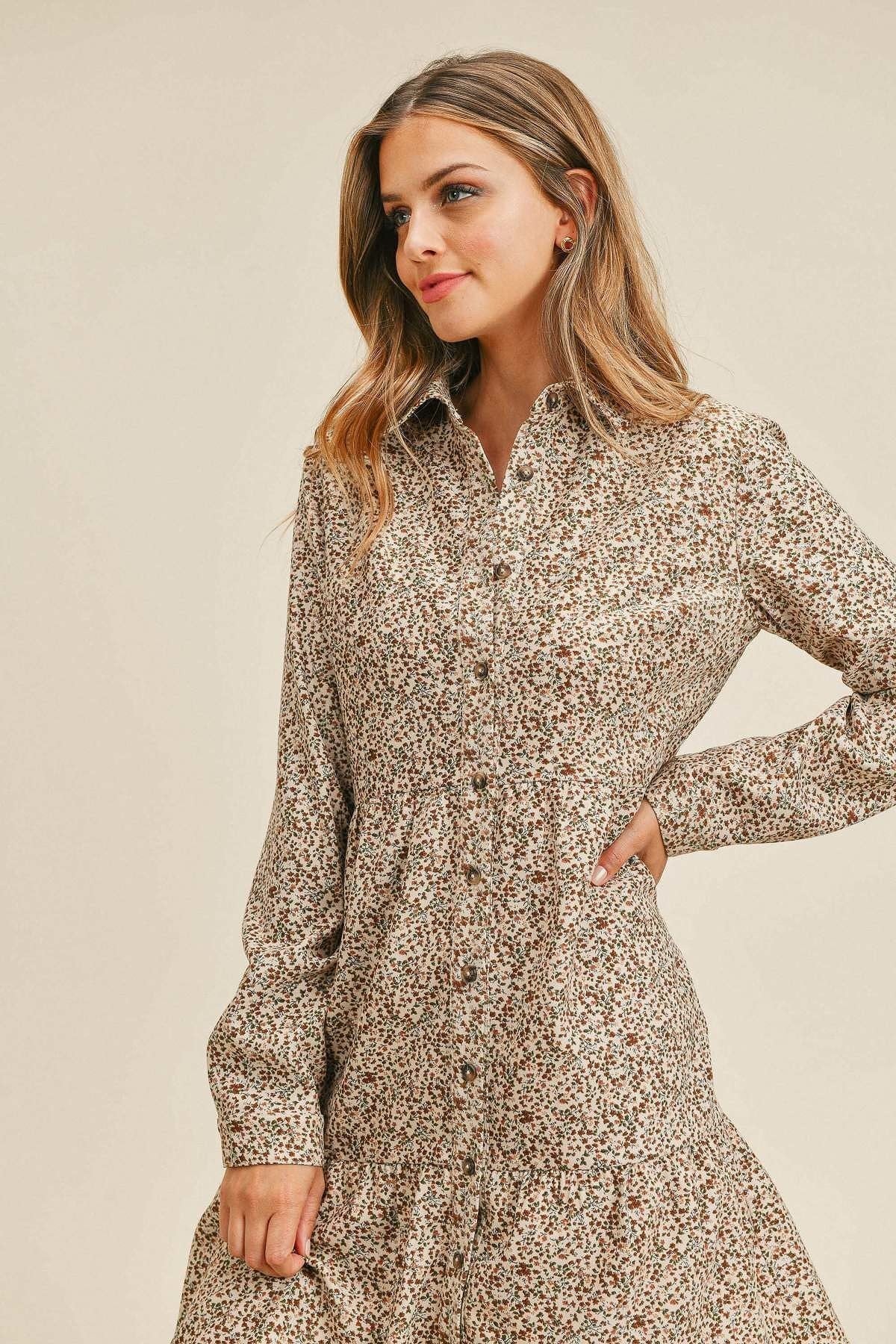 Corduroy Printed Button Down Front Collar Long Sleeve Dress Corduroy Printed Button Down Front Collar Long Sleeve Dress - TopFashionHQ