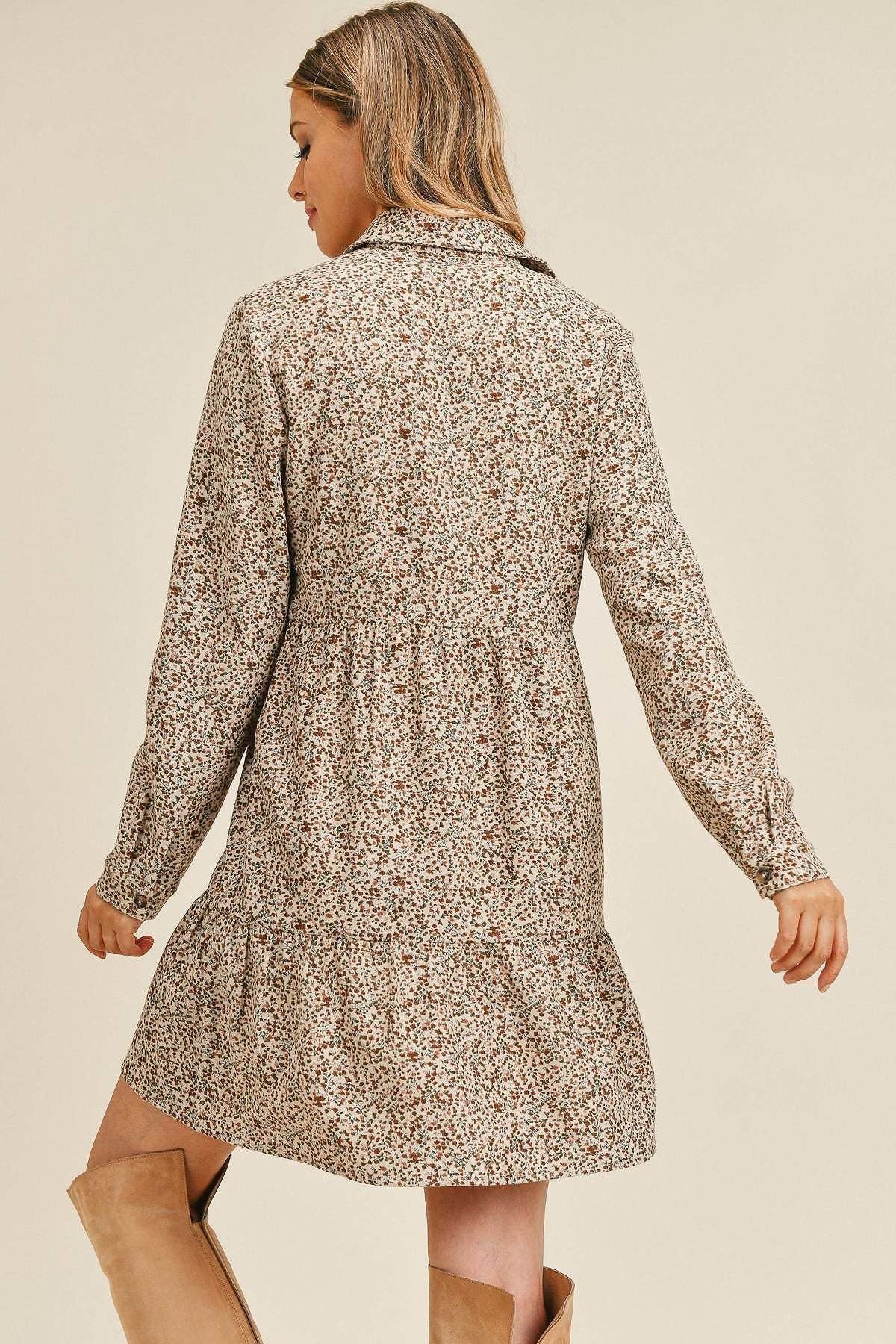 Corduroy Printed Button Down Front Collar Long Sleeve Dress Corduroy Printed Button Down Front Collar Long Sleeve Dress - TopFashionHQ