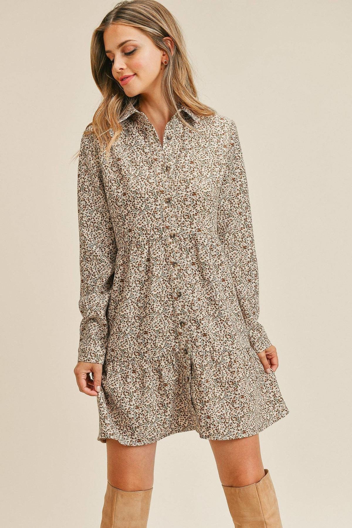 Corduroy Printed Button Down Front Collar Long Sleeve Dress Corduroy Printed Button Down Front Collar Long Sleeve Dress - TopFashionHQ