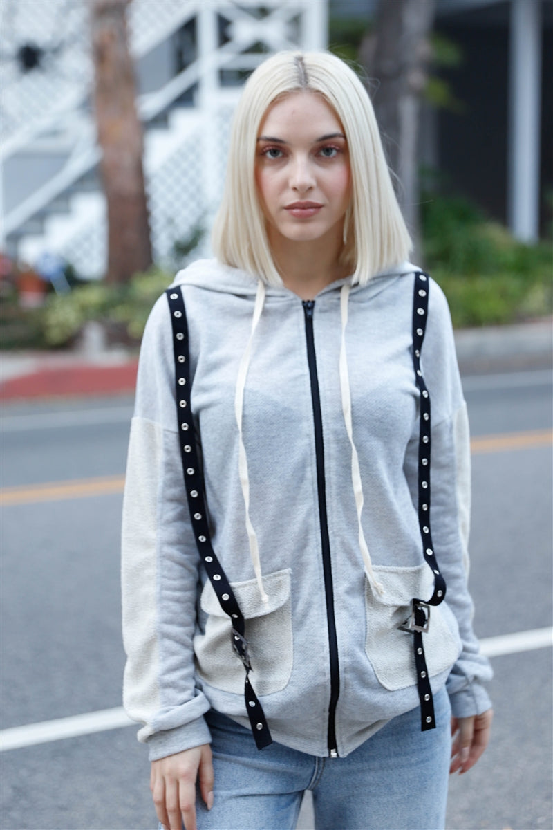 Belt & Reversed Details Zip-up Hooded Sweater product image