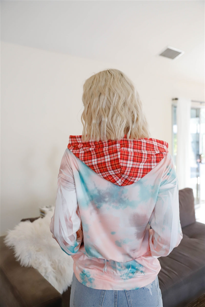 Feather & Tie-dye Print Contrast Plaid Hood Sweater product image