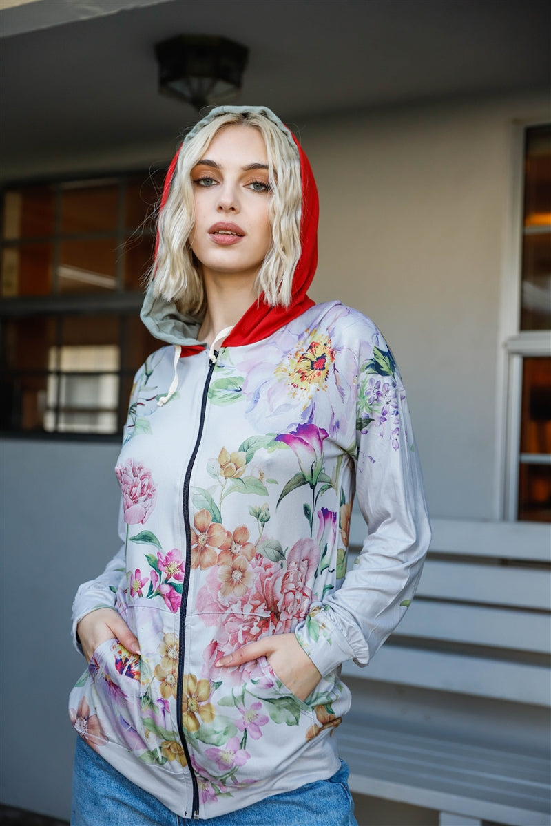 Grey Pink Flower Print Contrast Double Hood Sweater product image