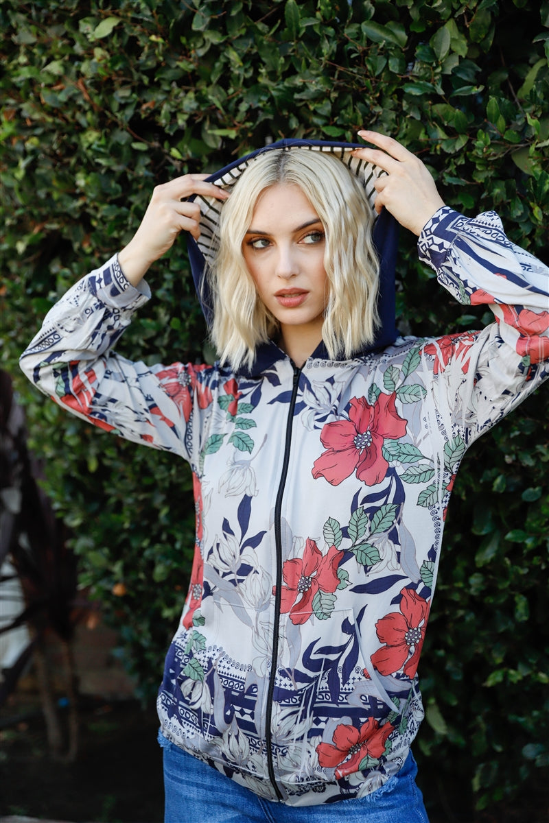 Navy Rust Flower Print Zip-up Contrast Striped Hood Sweater product image