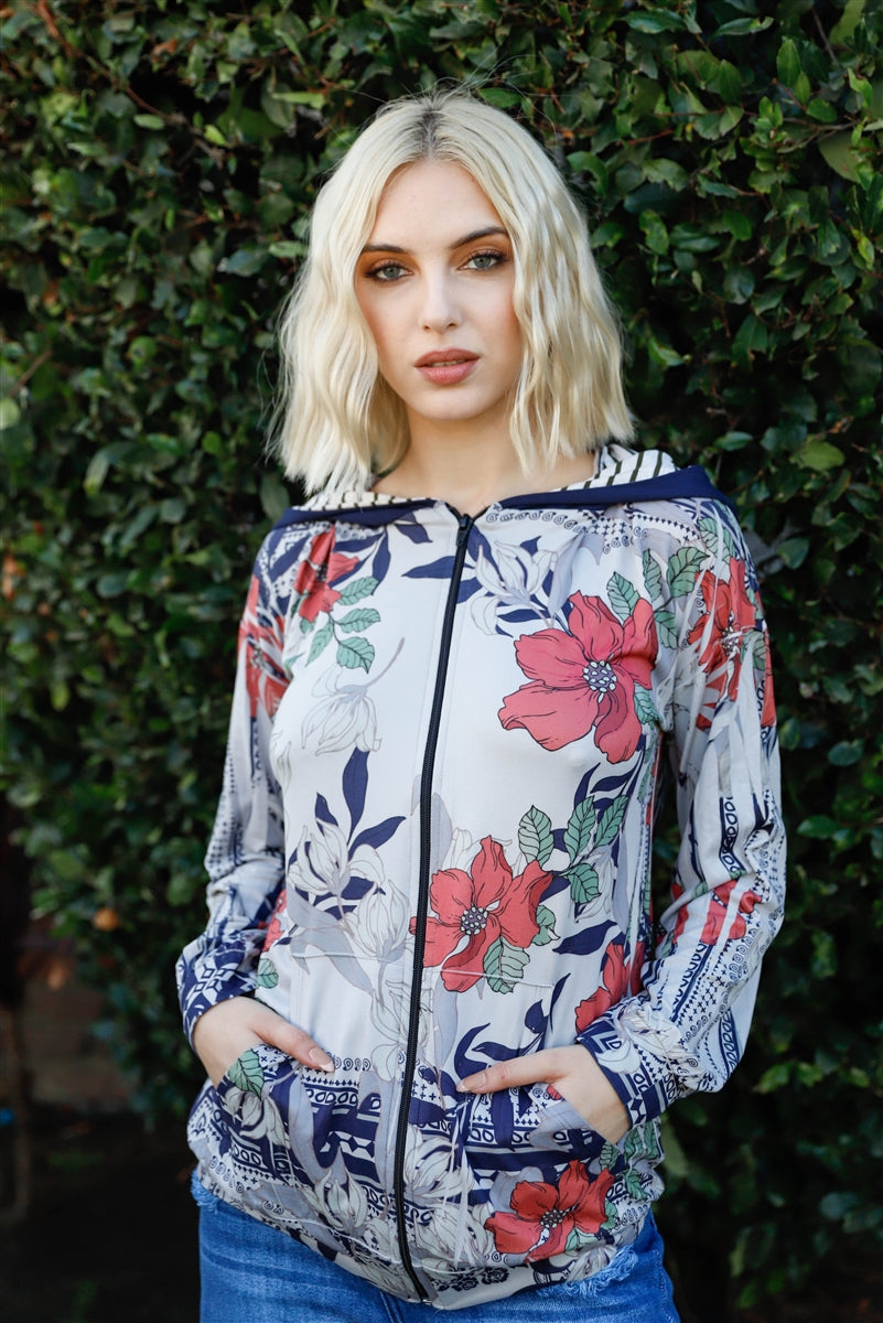 Navy Rust Flower Print Zip-up Contrast Striped Hood Sweater product image