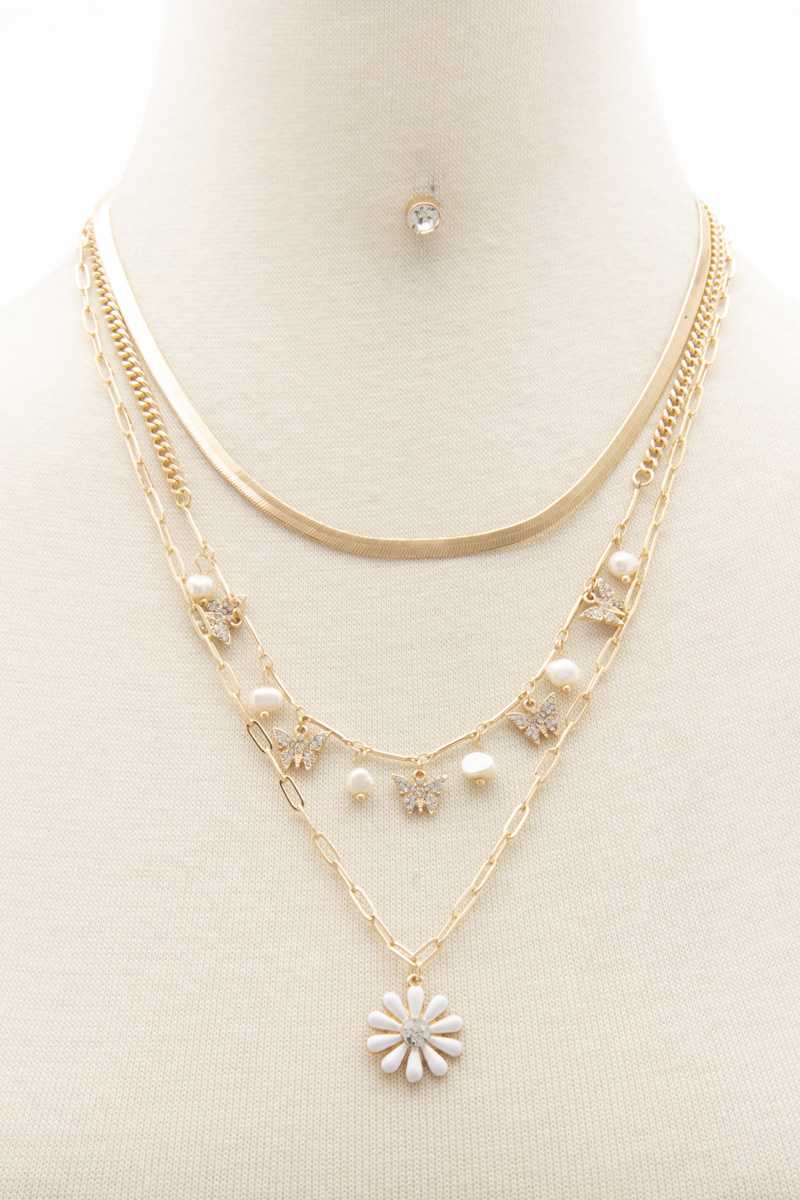 Flower Pendant Butterfly Charm Layered Necklace Flower Pendant Butterfly Charm Layered Necklace - TopFashionHQ