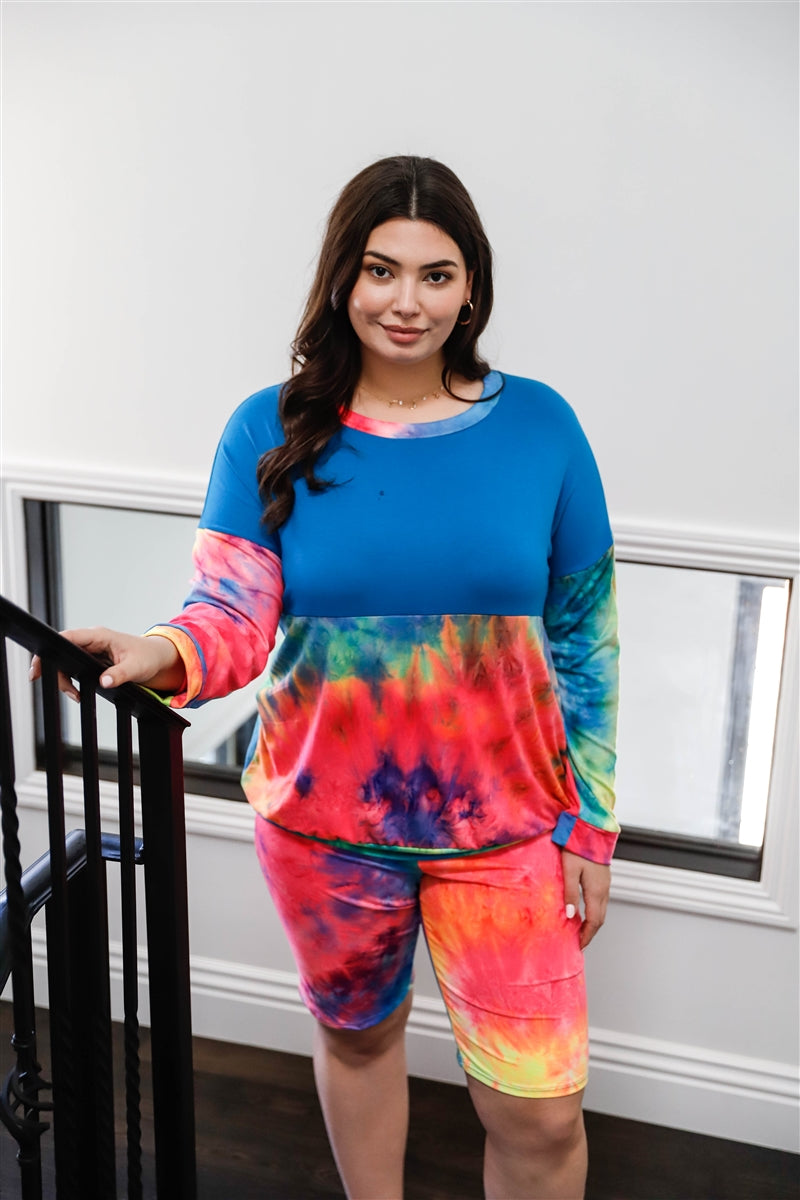 Plus Blue Neon Rainbow Tie-dye Colorblock Long Sleeve Top & Biker Shorts Set product image