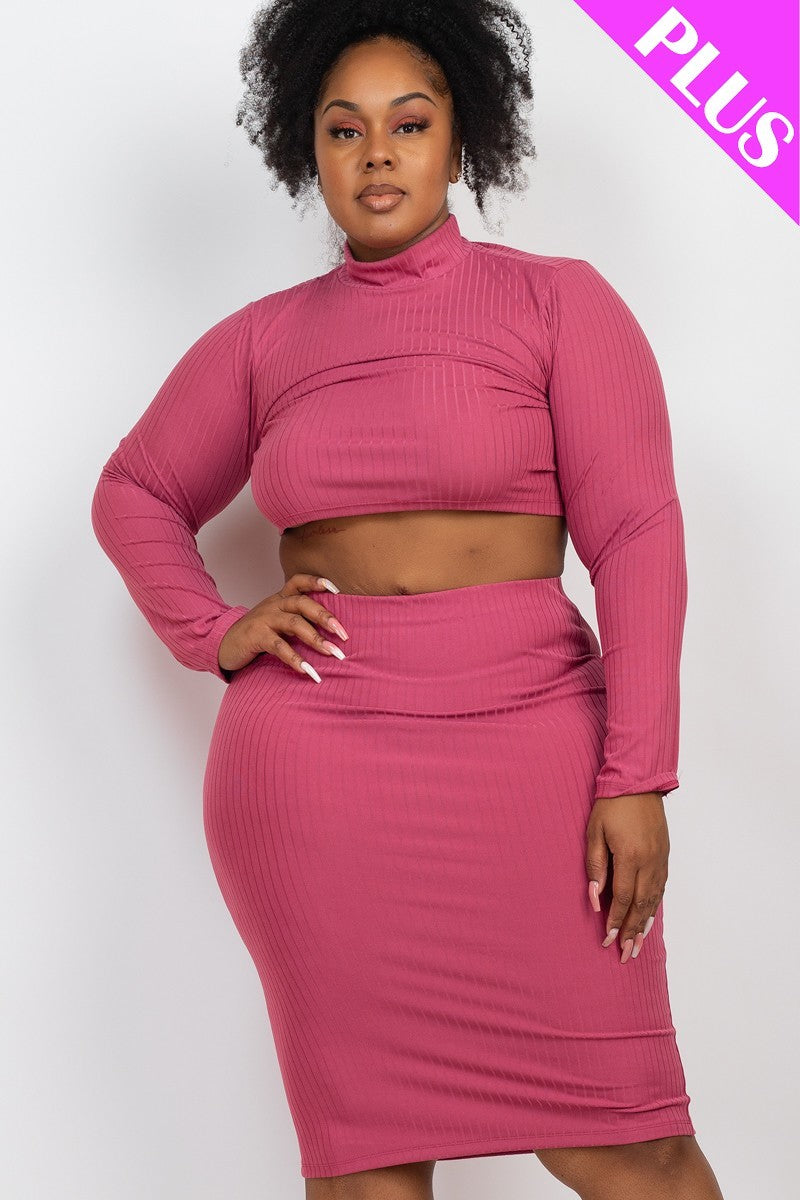 Plus Size Ribbed Mock Neck Crop Top & Midi Skirt Set product image