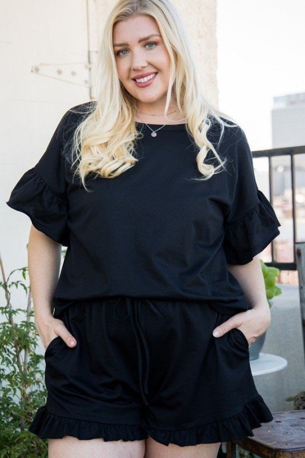 Round Neck Ruffle Sleeve Side Slit French Terry Top product image