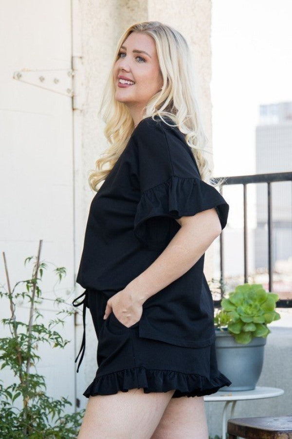 Round Neck Ruffle Sleeve Side Slit French Terry Top product image