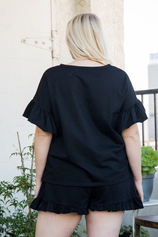 Round Neck Ruffle Sleeve Side Slit French Terry Top product image