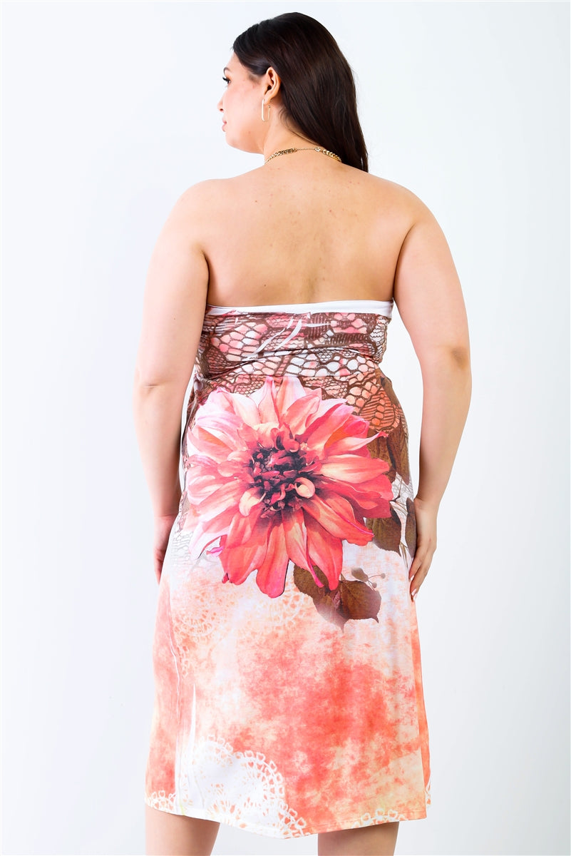 Plus Peach Flower Print Sleeveless Midi Dress product image
