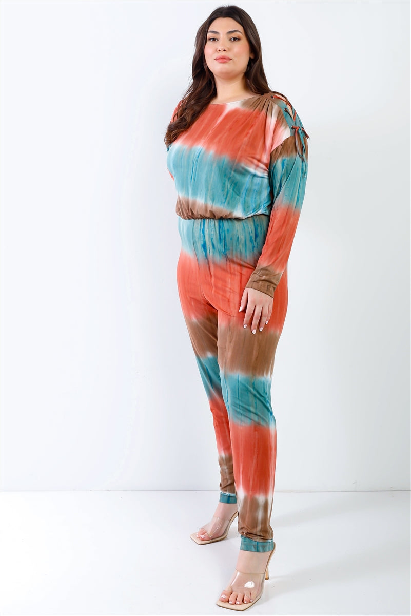 Plus Tie-dye Lace Up Shoulder Details Back Wrap Cut-out Jumpsuit product image