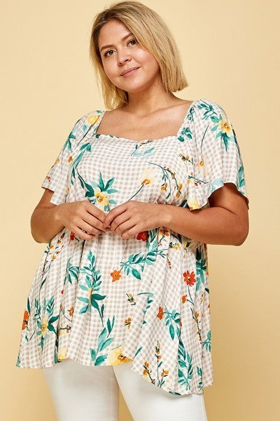 Plus Size Floral Check Printed Rayon Challis Square Neck Fashion Top product image