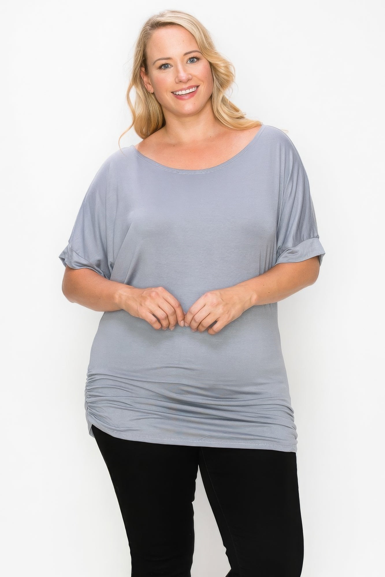 Short Sleeve Top Featuring A Round Neck And Ruched Sides product image