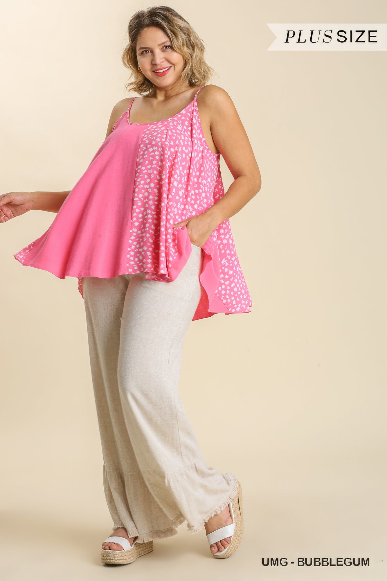 Linen Blend Mixed Animal Print Adjustable Spaghetti Strap Top product image