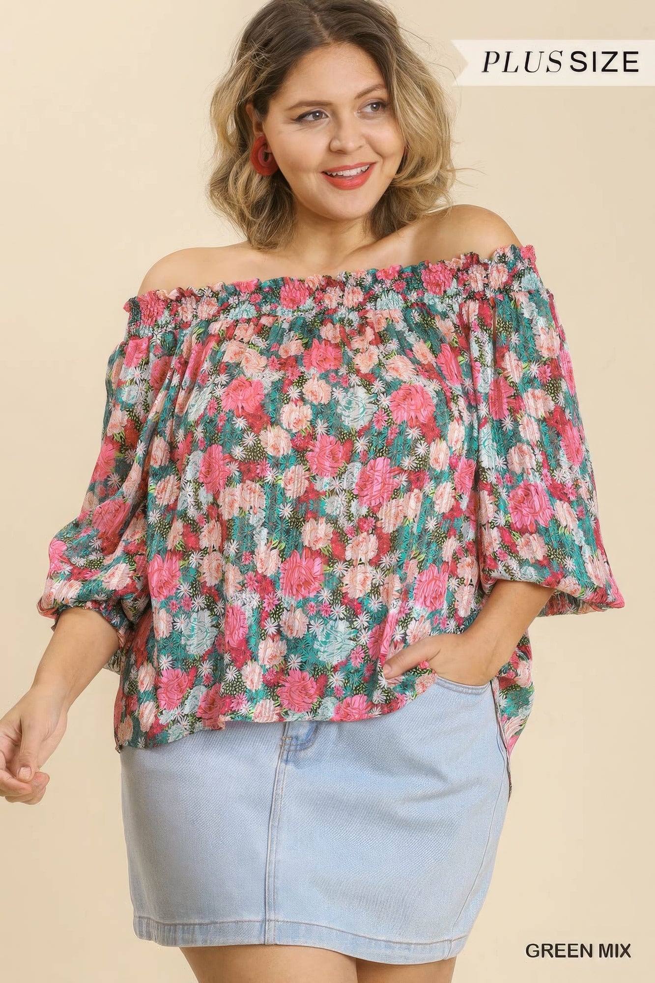 Sheer Floral Print Metallic Threading Long Sleeve Off Shoulder Top With High Low Hem product image