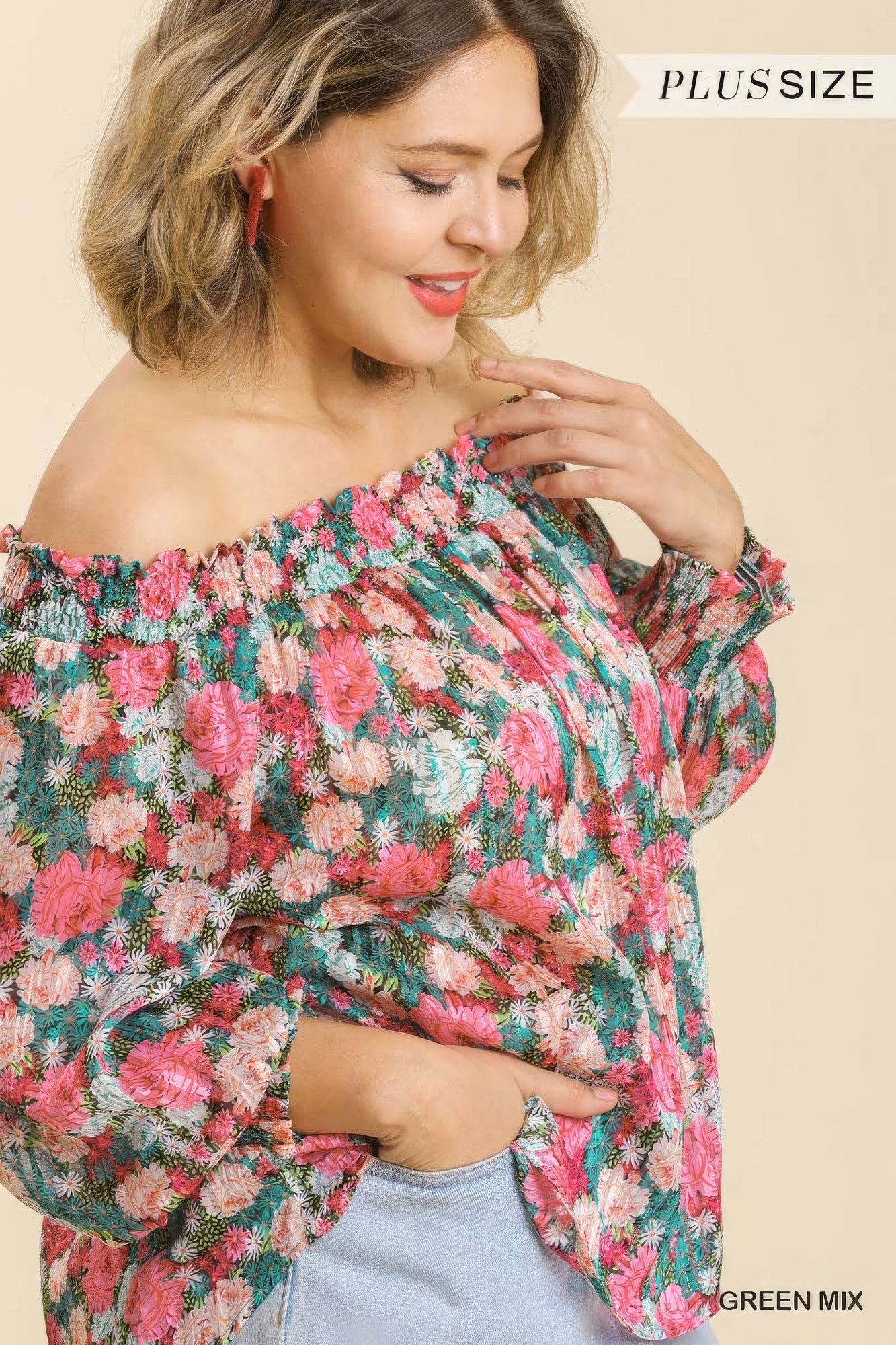 Sheer Floral Print Metallic Threading Long Sleeve Off Shoulder Top With High Low Hem product image