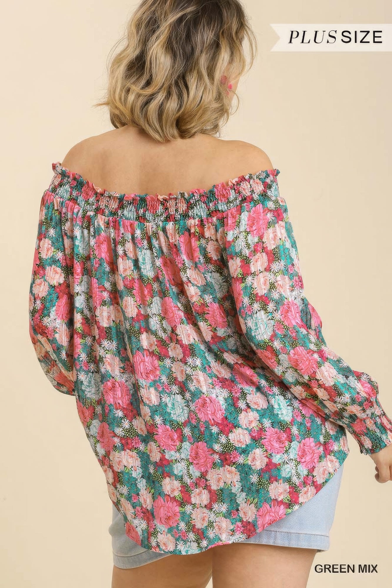 Sheer Floral Print Metallic Threading Long Sleeve Off Shoulder Top With High Low Hem product image