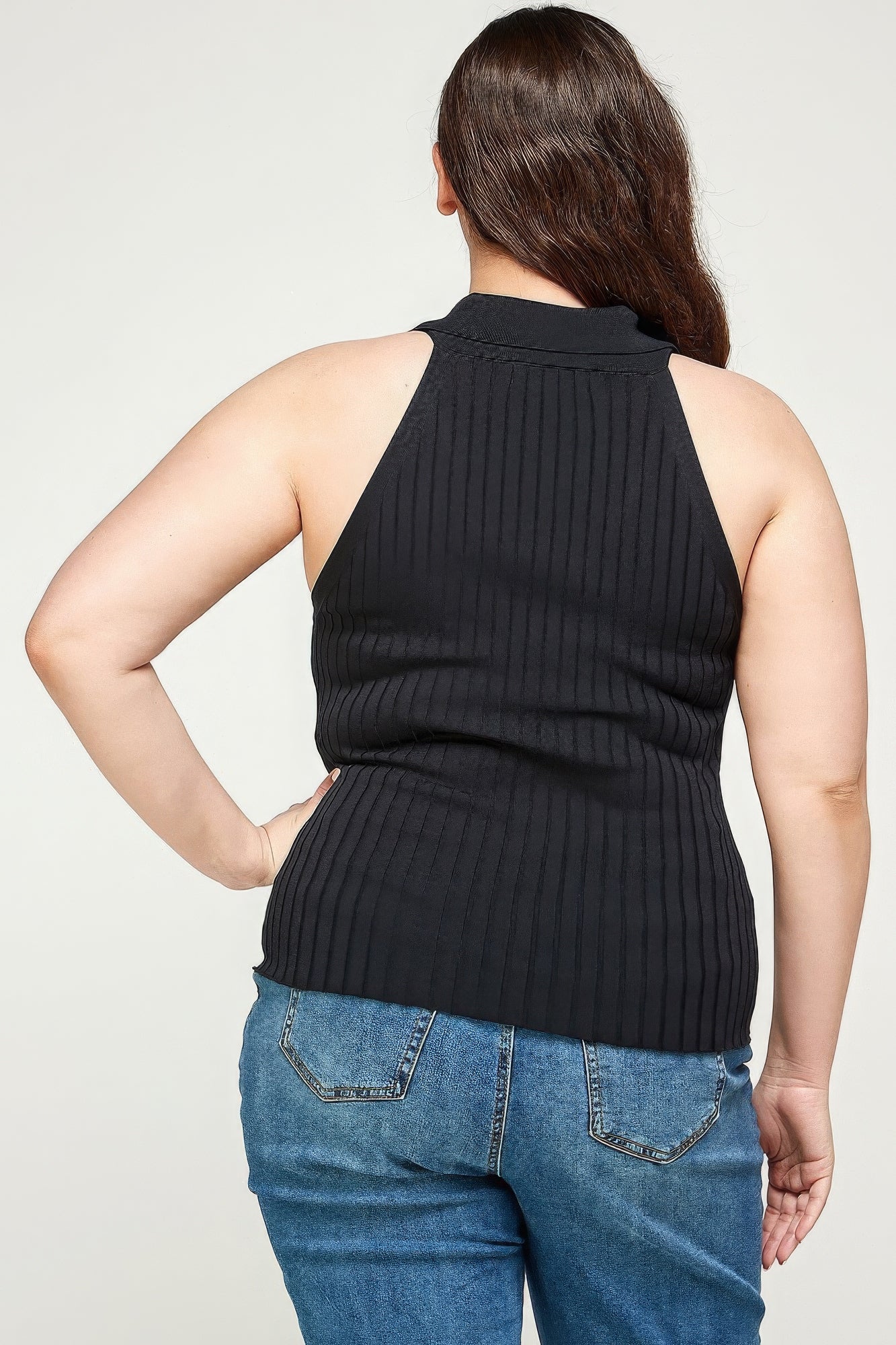 Plus Size, Solid Ribbed Knit Polo Sleeveless Top product image