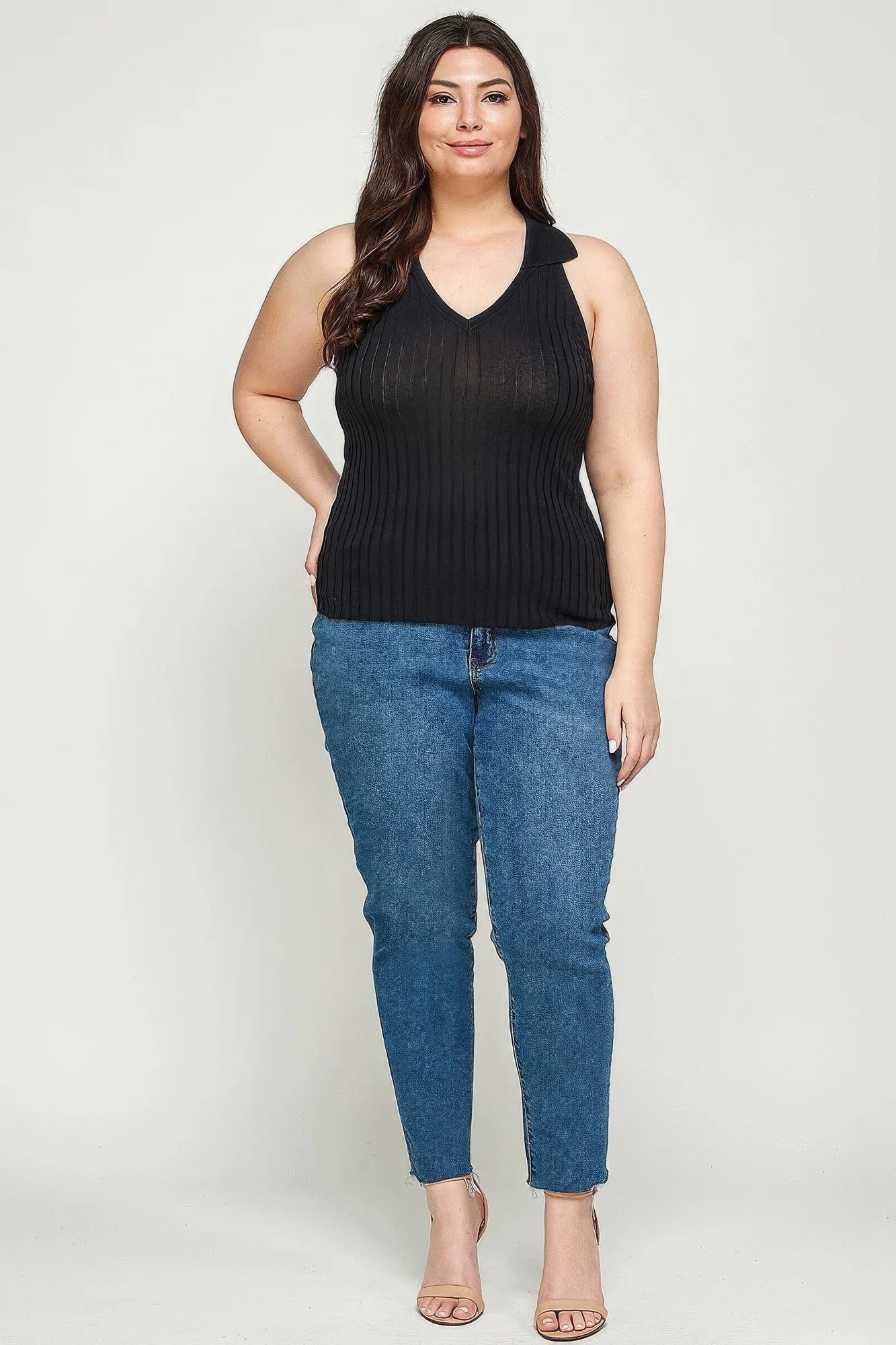 Plus Size, Solid Ribbed Knit Polo Sleeveless Top product image