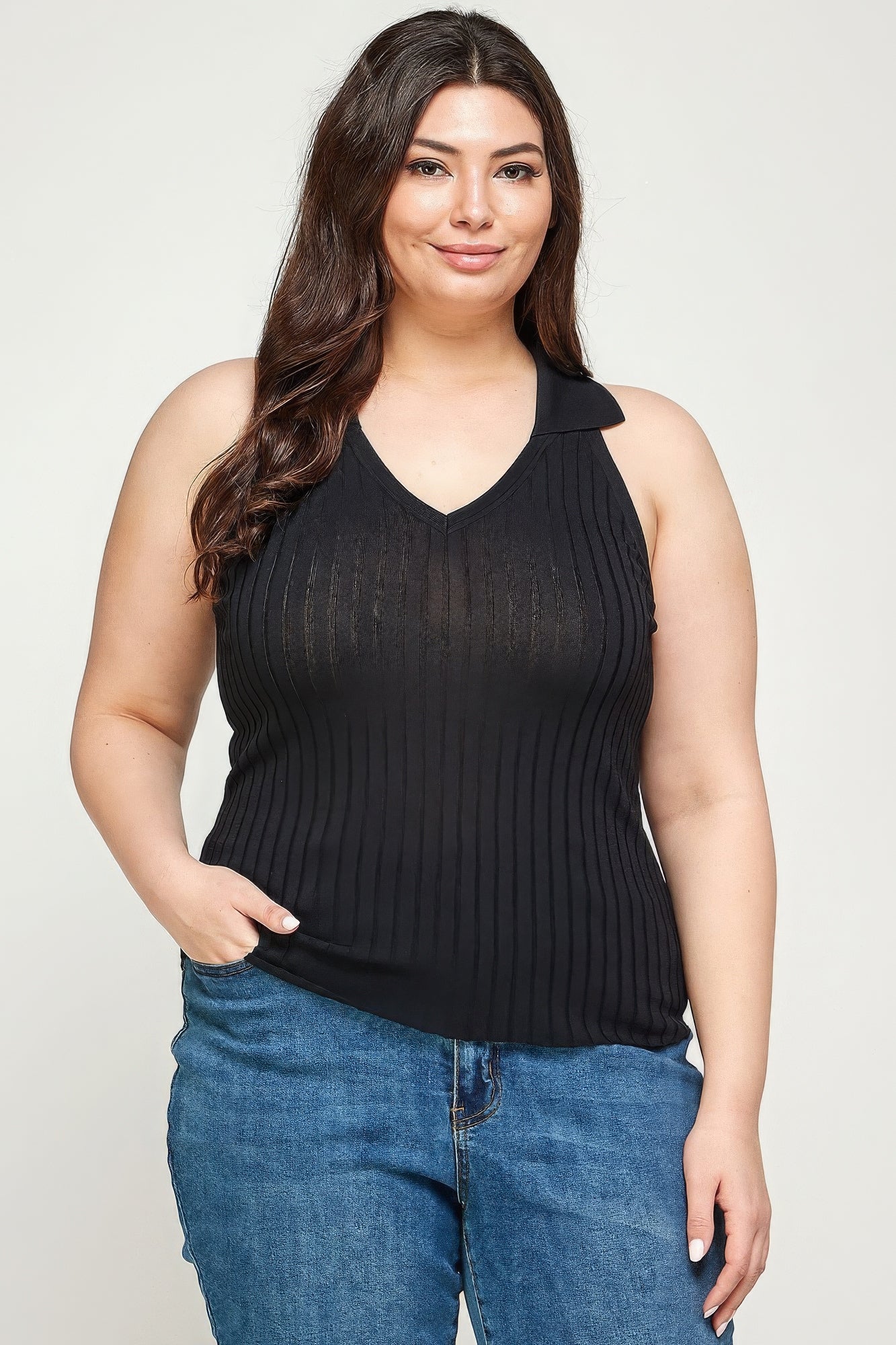 Plus Size, Solid Ribbed Knit Polo Sleeveless Top product image