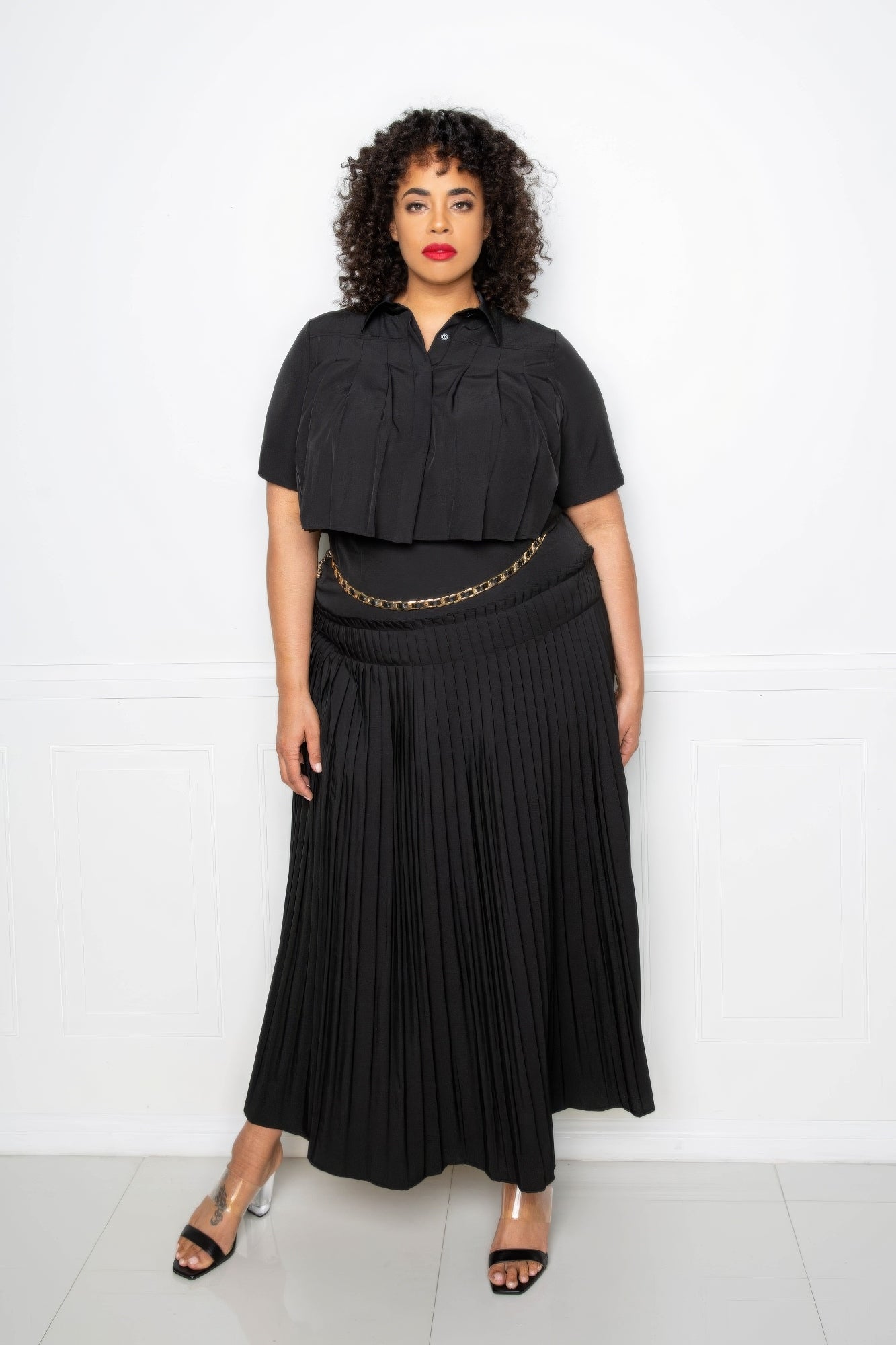 Pleated Cropped Shirt And Maxi Skirt Set product image