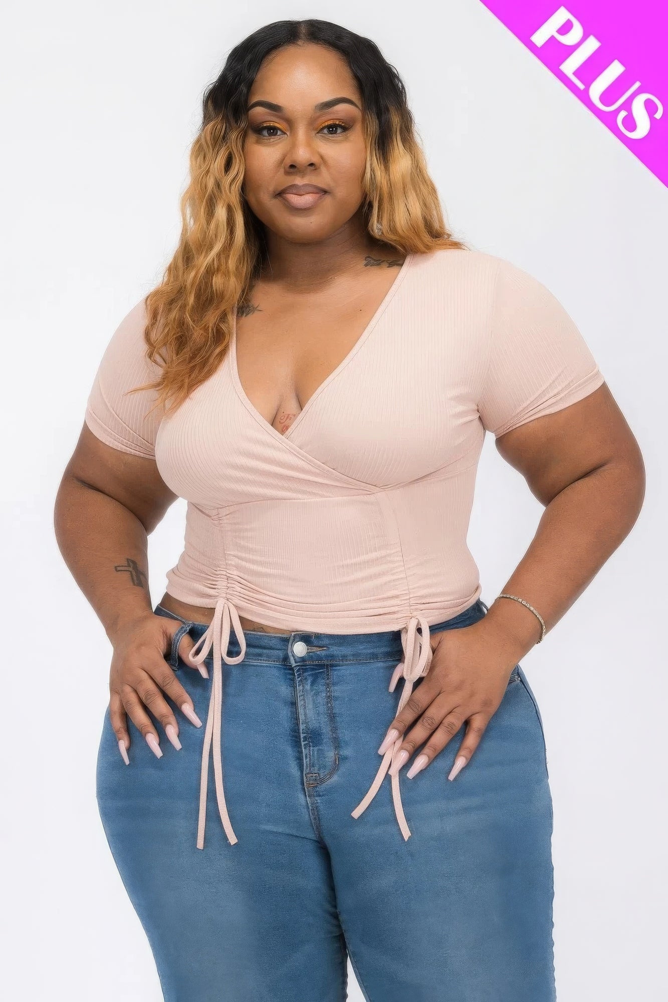 Plus Ribbed Ruched Drawstring Surplice Top product image