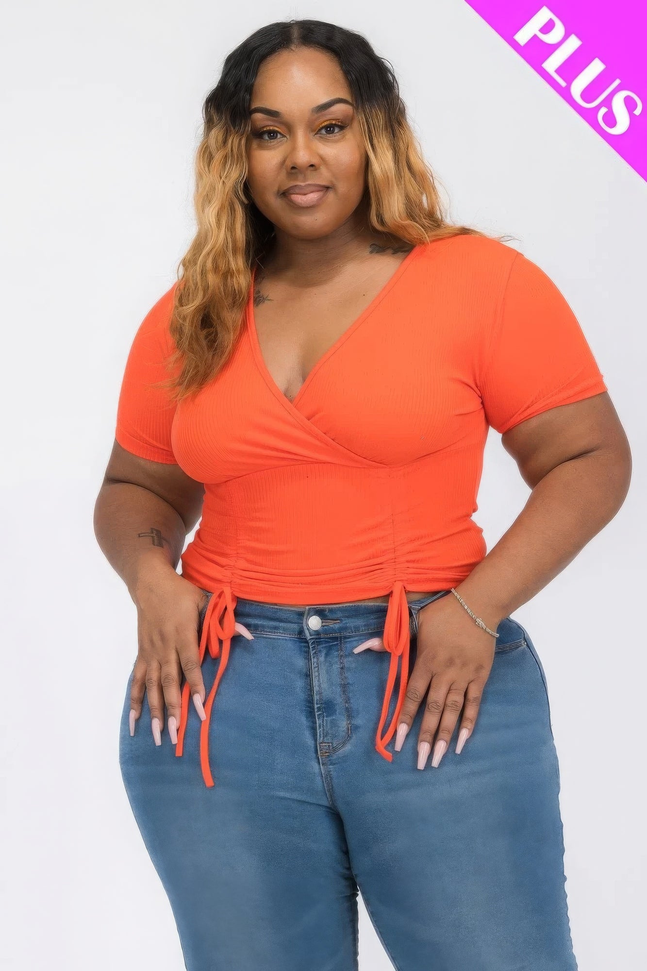 Plus Ribbed Ruched Drawstring Surplice Top product image