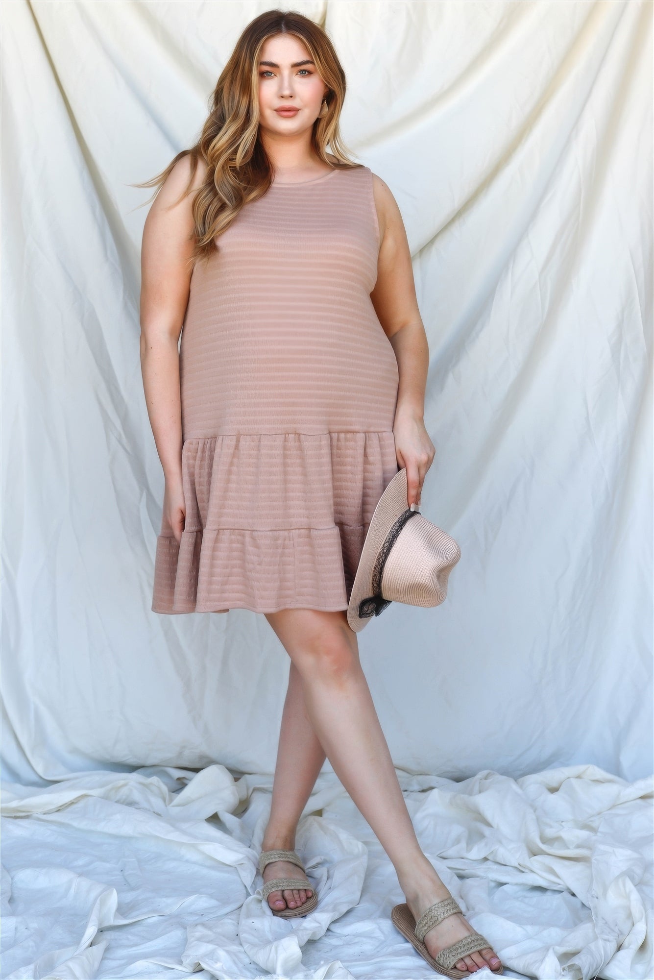 Plus Apricot Textured Ruffle Hem Open Back With Self-tie Detail Mini Dress product image