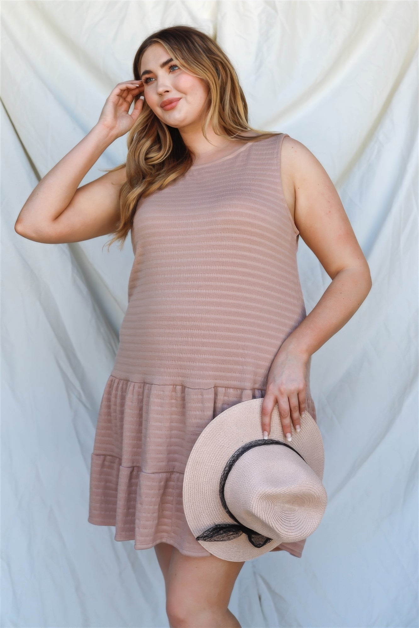 Plus Apricot Textured Ruffle Hem Open Back With Self-tie Detail Mini Dress product image