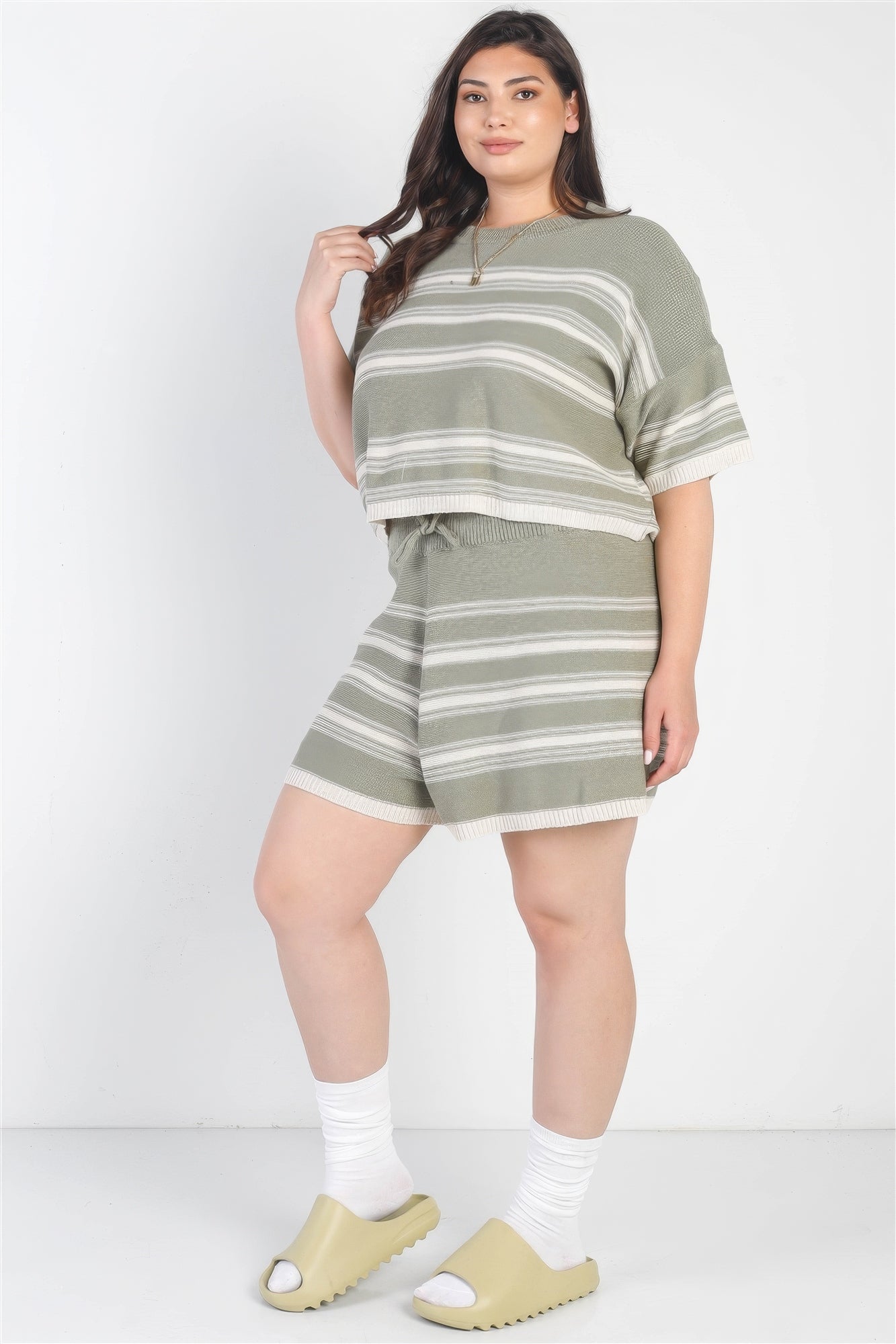 Plus Olive Striped Knit Short Sleeve Crop Top High Waist Shorts Set product image