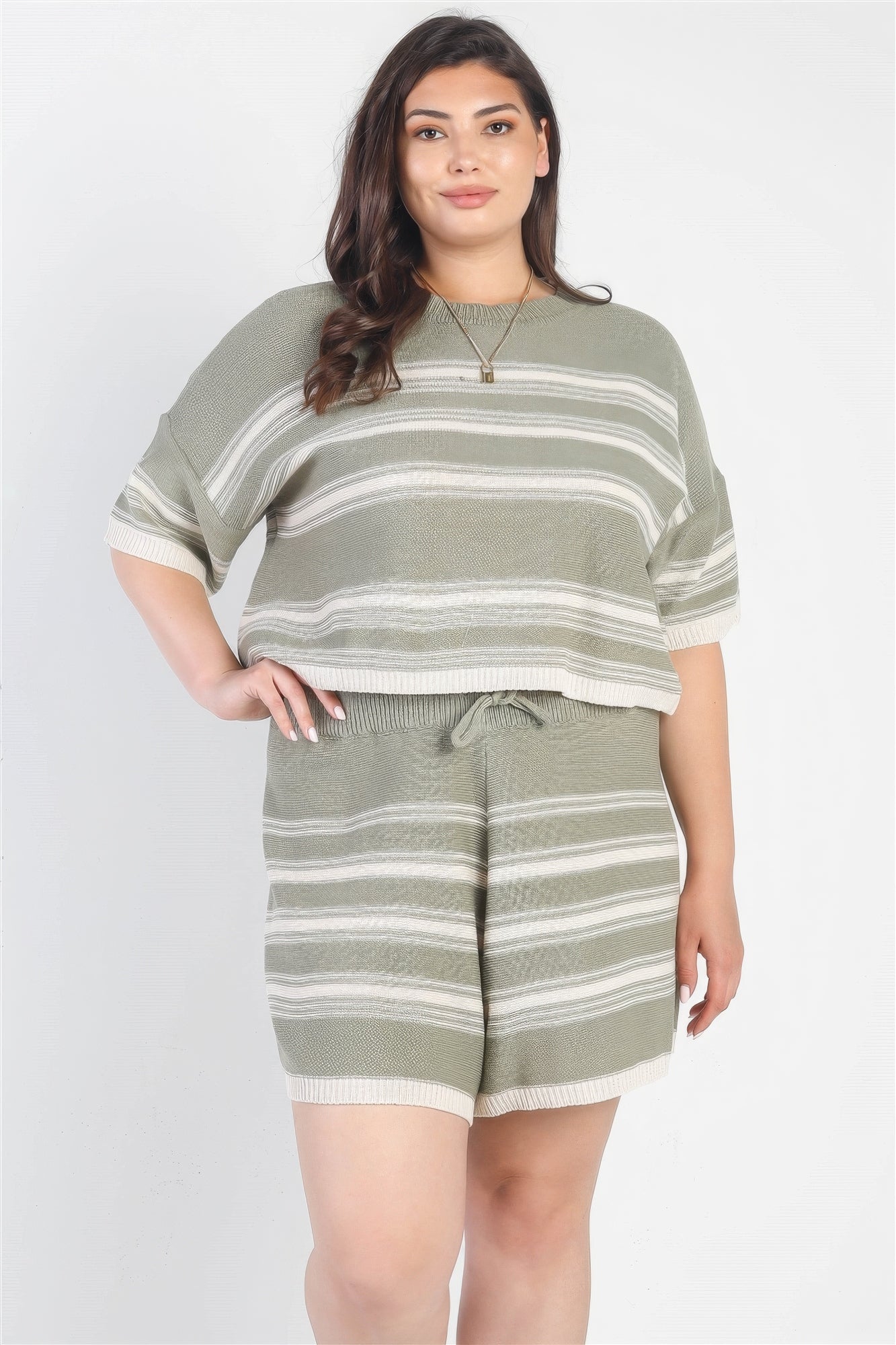 Plus Olive Striped Knit Short Sleeve Crop Top High Waist Shorts Set product image