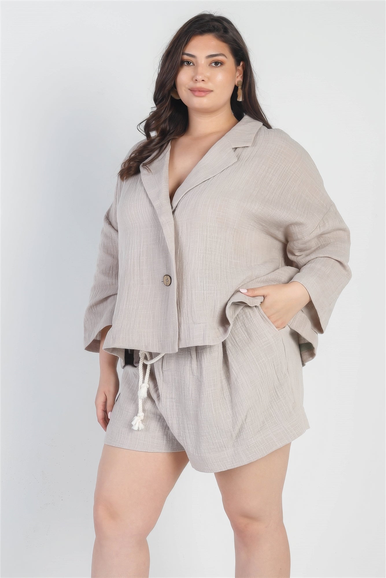Plus Grey Button-up Collared Neck Blazer High Waist Shorts Set product image