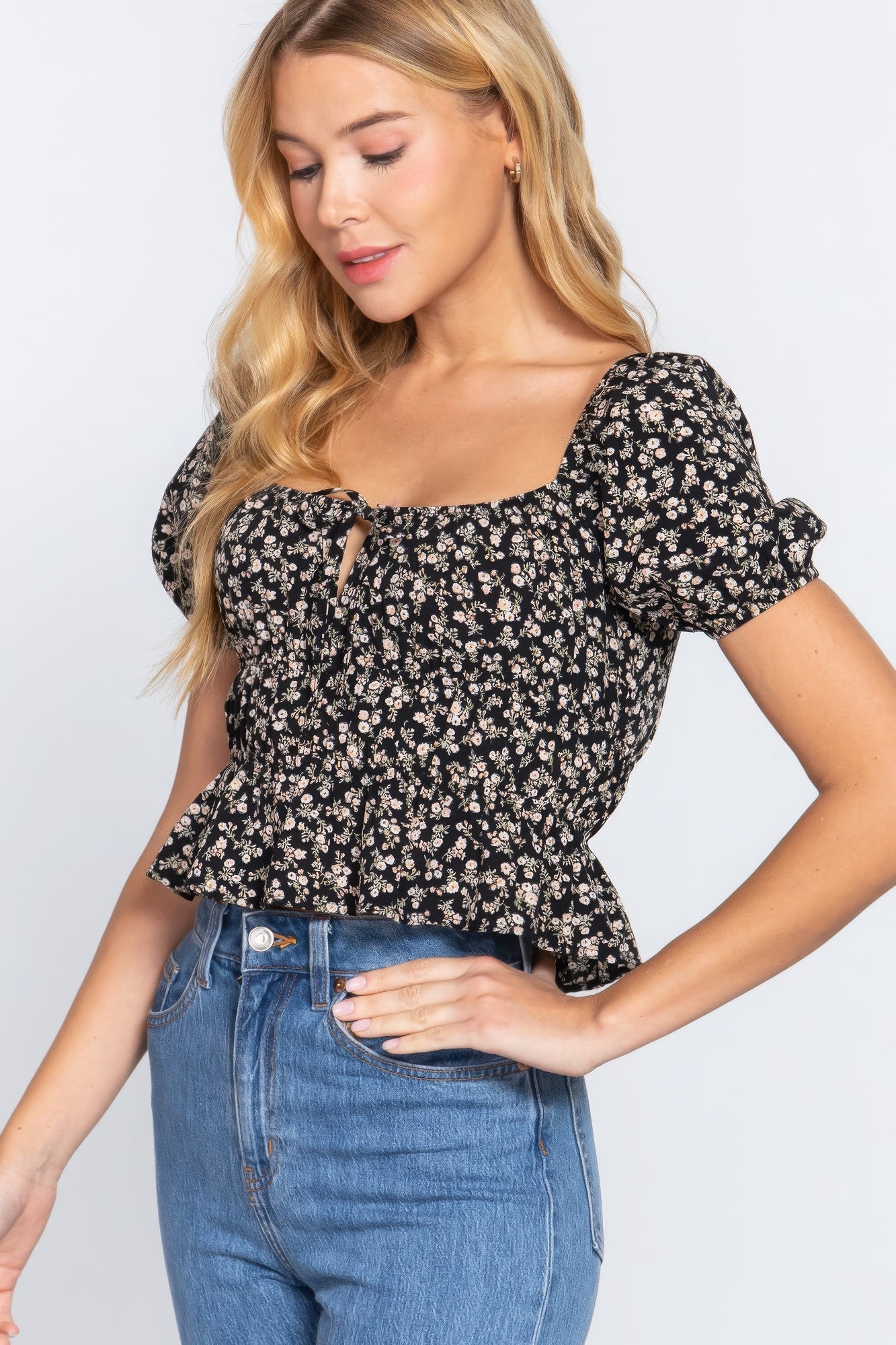 Short Slv Shirring Print Woven Top Short Slv Shirring Print Woven Top - TopFashionHQ