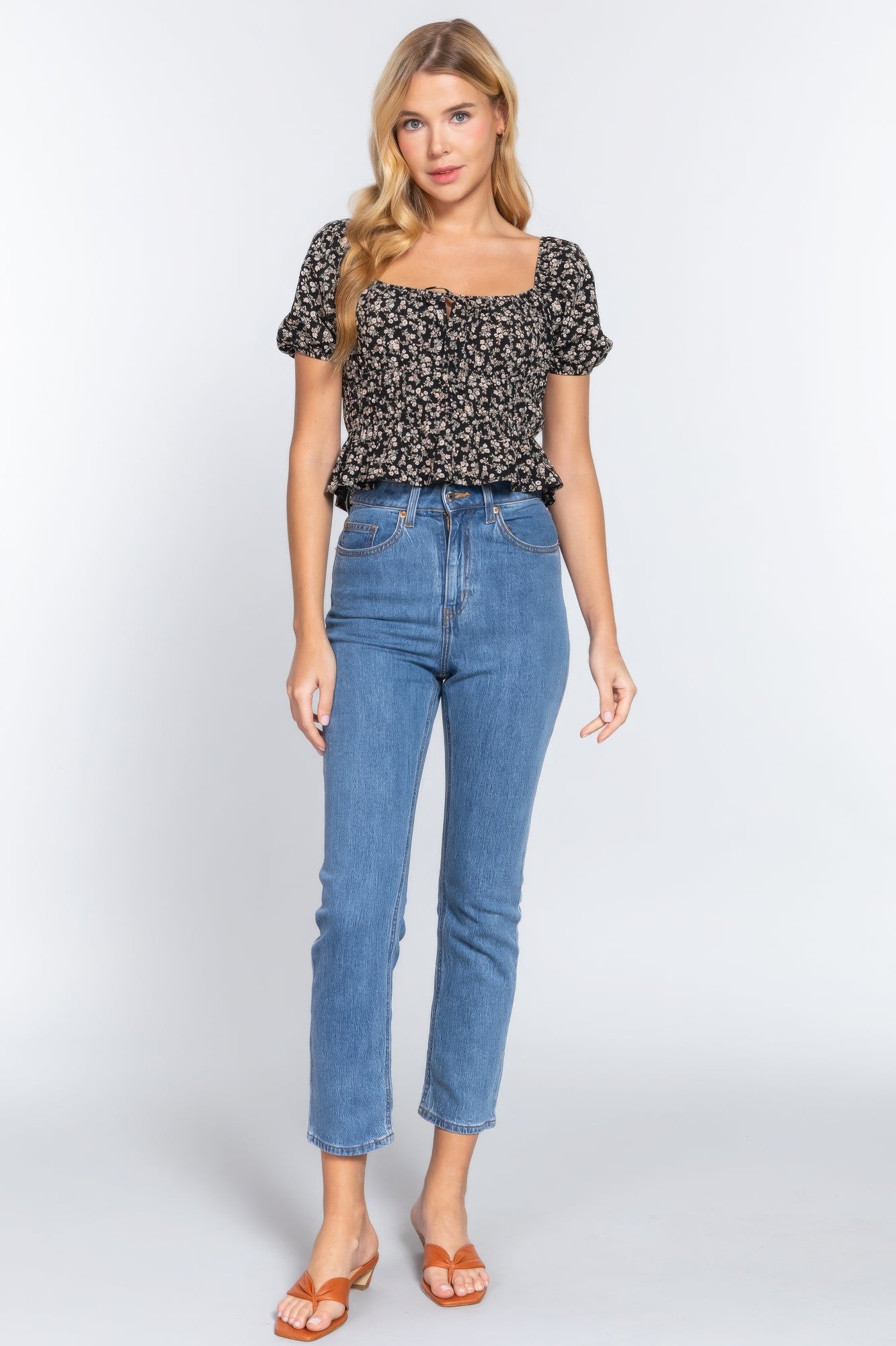 Short Slv Shirring Print Woven Top Short Slv Shirring Print Woven Top - TopFashionHQ