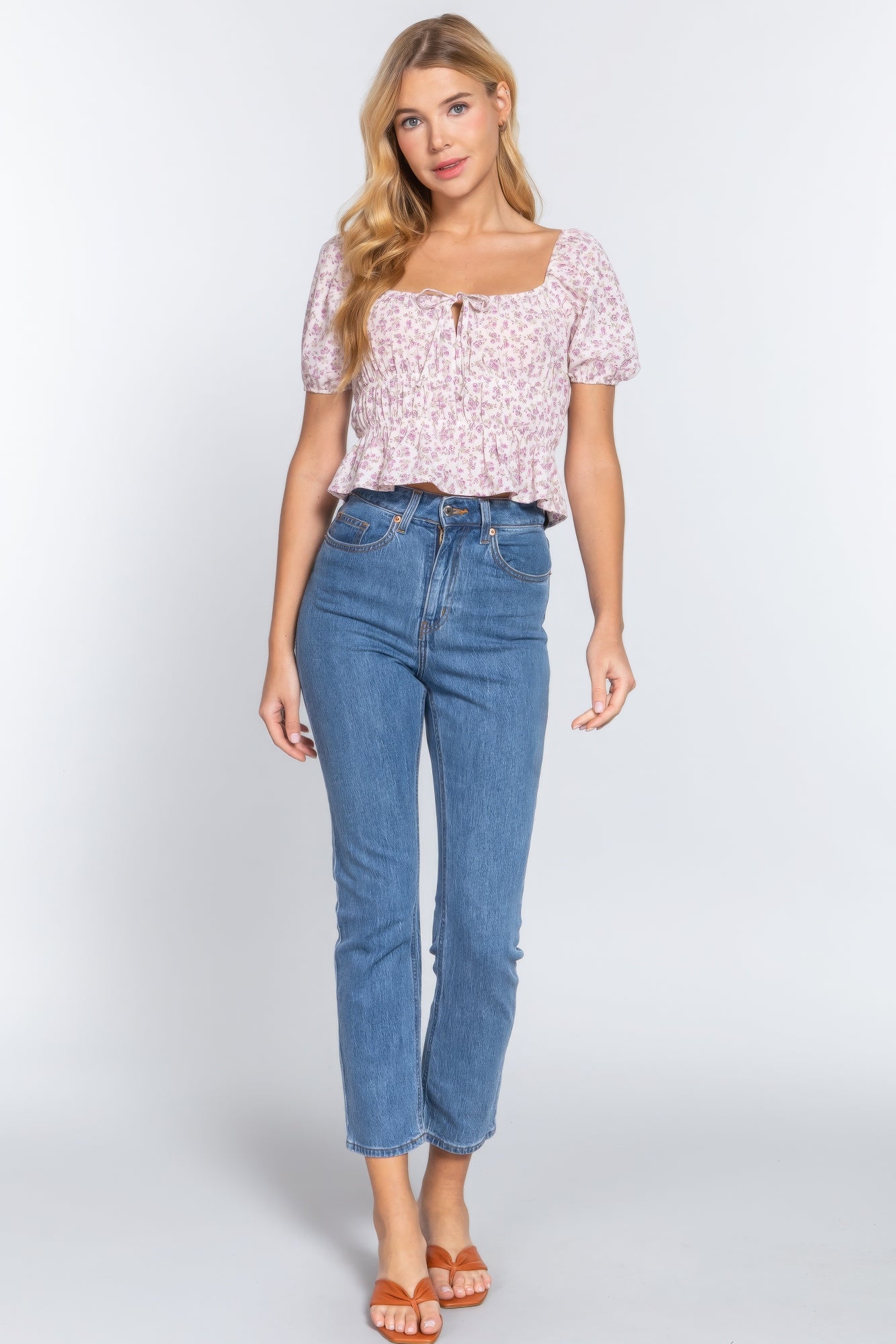 Short Slv Shirring Print Woven Top Short Slv Shirring Print Woven Top - TopFashionHQ