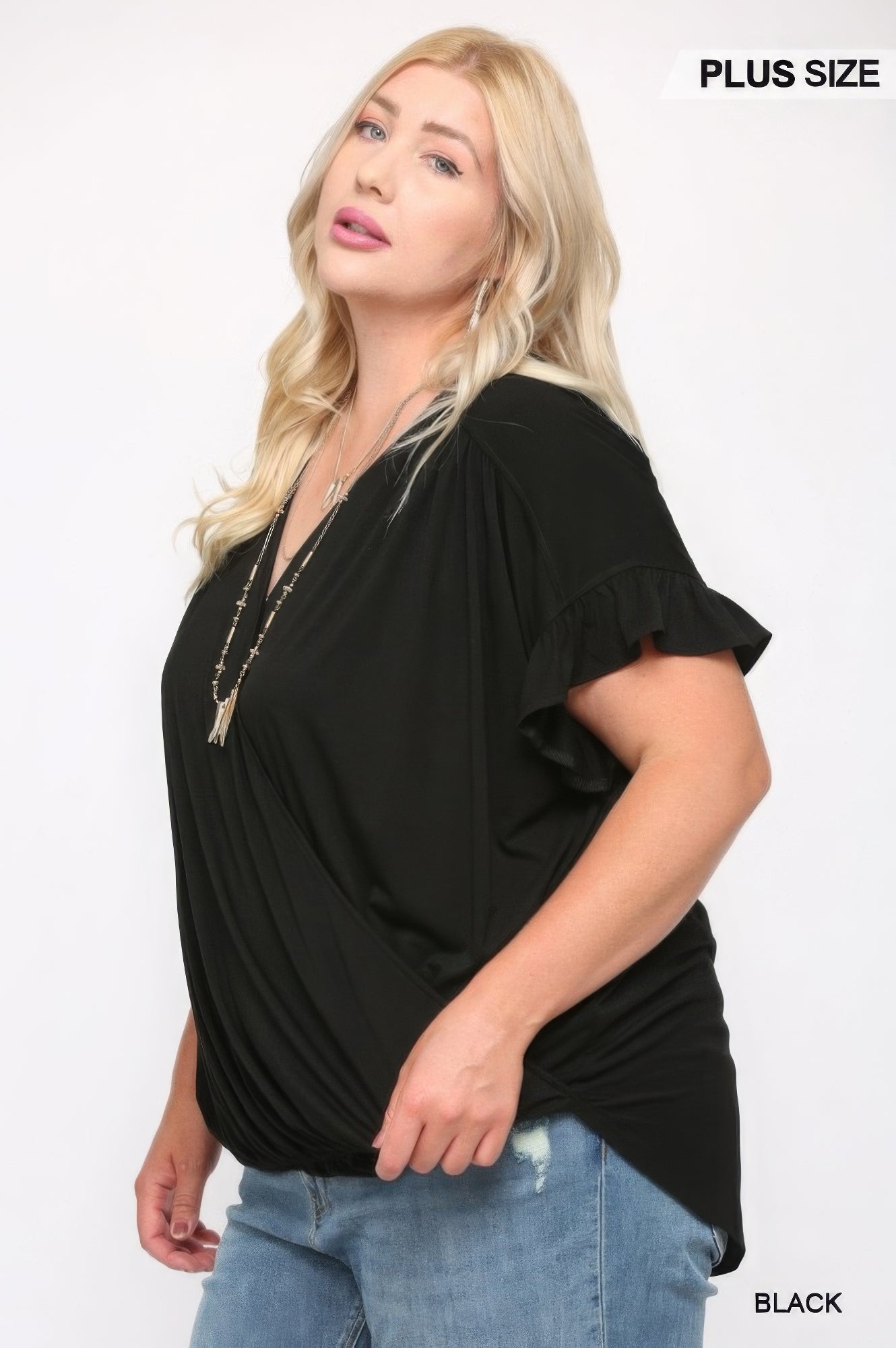 Solid Viscose Knit Surplice Top With Ruffle Sleeve product image