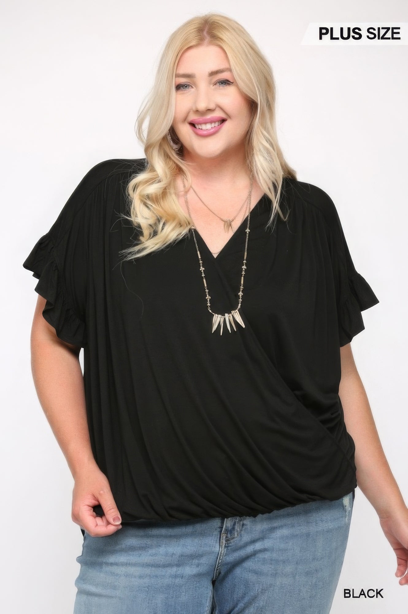 Solid Viscose Knit Surplice Top With Ruffle Sleeve product image
